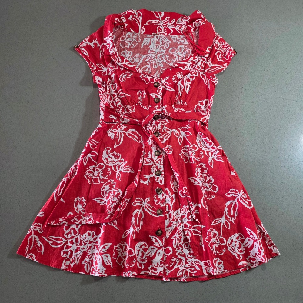 Free People Red White Floral Button Front Mini Dress Size 6 Cap Sleeve Waist Tie